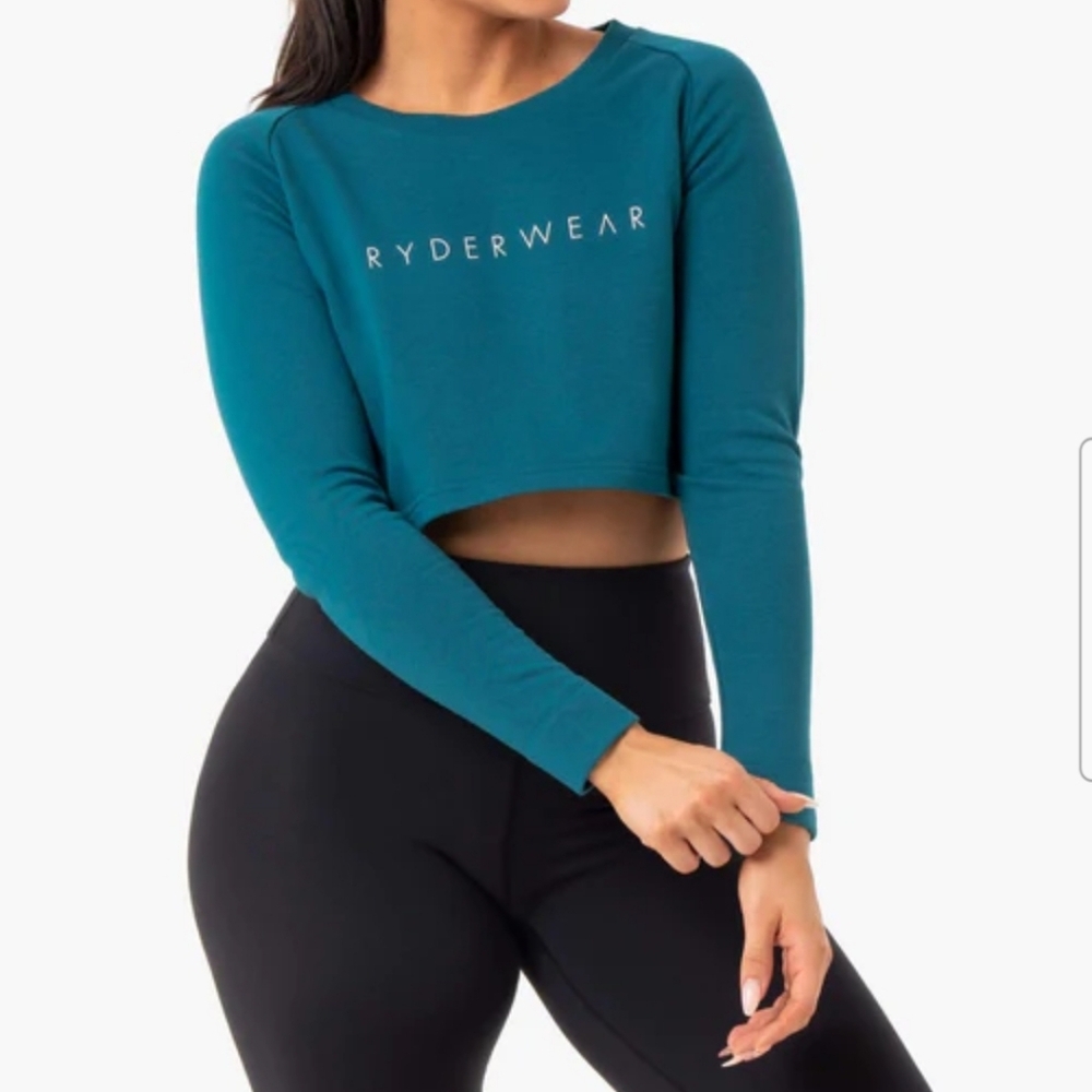 FREE💗NWOT RYDERWEAR STAPLES CROPPED ATHLETIC SWEATER EMERALD TEAL SZ SMA…
